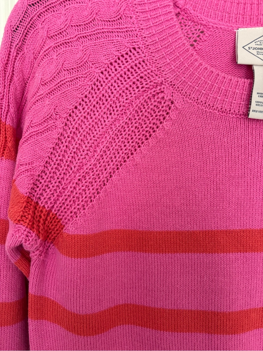 Women’s St. John’s Bay pink red striped crewneck Sweater size small NWT. - Picture 2 of 5
